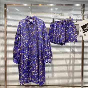 Madų Šou Sulaužytų Gėlių Ilgai Marškinėliai + Šortai Violetinė Dviejų Dalių Komplektas Kelionės Kostiumas Moterims, 2021 M. Vasaros