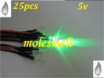 Nemokamas pristatymas 25pcs 5mm žalia Mirgėjimo 5V iš Anksto sujungtas, Vanduo skaidrus LED Led Žvakė žalia Šviesa 20CM
