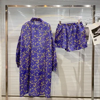 Madų Šou Sulaužytų Gėlių Ilgai Marškinėliai + Šortai Violetinė Dviejų Dalių Komplektas Kelionės Kostiumas Moterims, 2021 M. Vasaros