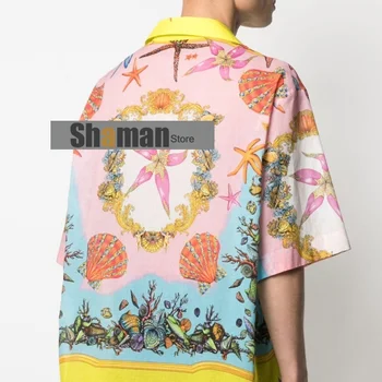 Prabangos Dizaineris 2021 Aukštos klasės Šalies Palaidinė Moterims Derliaus trumpas Rankovės goth Žvaigždė Shell Spausdinimo Atvartas Marškinėliai mygtuką iki marškinėliai