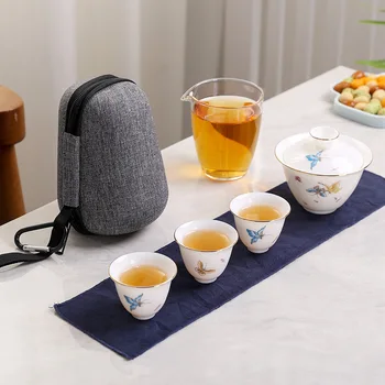2021 Rankomis Dažyti Jade Porceliano keramikos arbatinukas gaiwan su 3 puodeliai arbatos rinkiniai nešiojamų kelionių arbatos rinkinys su kelionės krepšys drinkware