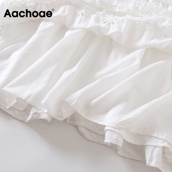 Aachoae Moterims, Elegantiška Linija, Balta Medvilnės Audinio Mini Suknelė, Prašmatnus Siuvinėjimo Tuščiaviduriai Iš Moteriška Suknelė 