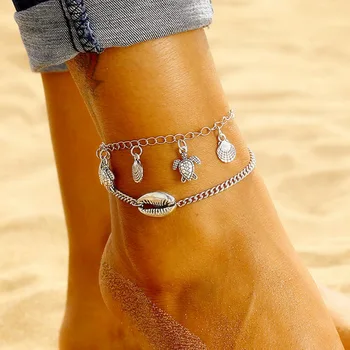 Anklets Moterų Shell Pėdų Papuošalai Vasaros Paplūdimio Kulkšnies Apyrankę ant Kojos Multi-layer Grandinės Vėžlys Sidabro Spalvos Anklet Bohemijos