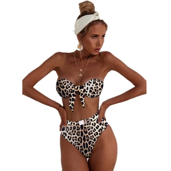 Aukštos Kojos Bandeau Bikinis Leopardas Spausdinti Aukštos Juosmens Bikini 2019 M. Vasaros Maudymosi Kostiumėlį Biquini Maudymosi Kostiumą, Push Up Pad Brazilijos Moterims