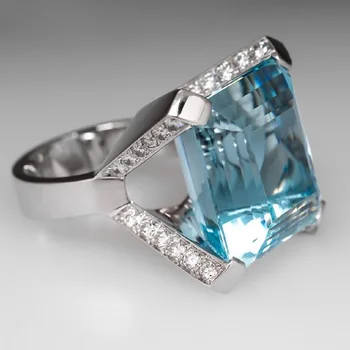 Didžiulis Aikštėje Blue Serijos Akmens Moterų Žiedai Paprastas Minimalistinis Akvamarinas Priedai Žiedas Juosta Elegantiškas Sužadėtuvių Žiedai, Papuošalai