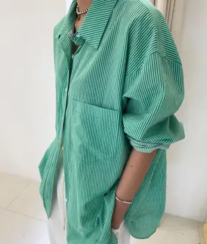 Dizaineris žalia stripy marškinėliai moterims lnfluencer negabaritinių medvilnės Mygtuką ilgomis rankovėmis dryžuotas prarasti palaidinė 2021 nauji aukštos kokybės