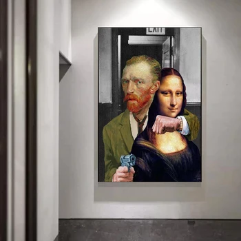 Juokinga Meno Van Gogas ir Mona Lisa Drobės Paveikslai Abstraktūs Garsaus Plakatai ir Spausdina Sienos Meno Nuotrauką Kambarį Namų Dekoro