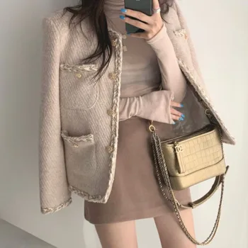 Korėjos Elegantiškas Ponios Rudens Žiemos Vilnonis Švarkas Paltai Moterims Vieną Krūtinėmis Prekės Outwear Kailis Mados Streetwear Tvido Švarkas