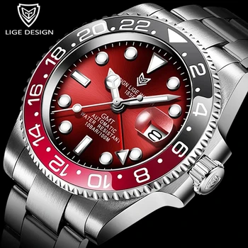 LIGE kurti Naujų Prabangių Vyrų Mechaninis Laikrodis Nerūdijančio Plieno GMT Žiūrėti Top Brand Safyro Stiklas Vyrų Laikrodžiai Reloj Hombre+Box