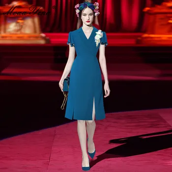 MoaaYina Mados Dizaineris Vasaros Mėlynos Suknelės Moterų V-kaklo Drugelio Rankovės Duobute Aplikacijos Elegantiškas Šalis Kelio Ilgio Suknelė