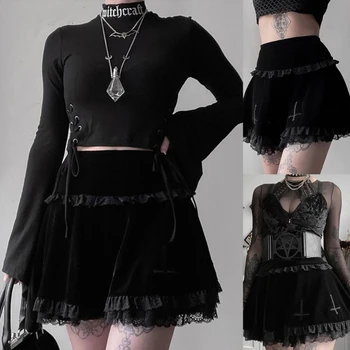 Moterų Tamsiai Gotikos Aksominis Juodas Klostuotas Mini Sijonas Punk Kryžiaus Siuvinėjimo Nėrinių Apdaila Kratinys Aukšto Juosmens Užsiliepsnojo Streetwear