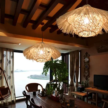 Nemokamas pristatymas Derliaus bambuko Retro Sieniniai šviestuvai, LED E27 lizdas restoranas priedai veltiniams, vilna lempa