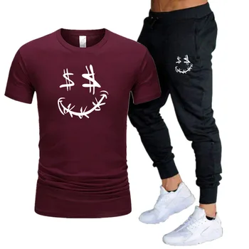 Pinigai, Šypsena, Veido Spausdinimo Trumpas Rankovės Medvilnės Vasaros Tracksuit T-shirt Negabaritinių Sportinės Kelnės Hip-Hop ' Custom Set Streetwear
