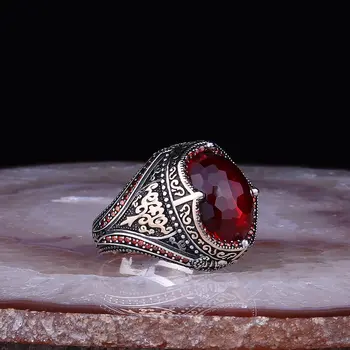 Raudona Brangakmenio Žiedas 925 Sterlingas Sidabro Vyrų Žiedas Crystal Cirkonis Akmuo, Apvalios Formos, rankų darbo Papuošalai, dovana jam