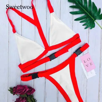 SWEETWOO 2019 Seksuali Balta/Raudona Didelis Iškirpti Biquini Tvarstis Sagtis Plaukti Maudymosi Kostiumas Swimsuit maudymosi Kostiumėliai Moterims, Brazilijos Bikini