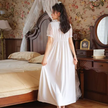 Trumparankoviai nightdress moterų vasaros medvilnės retro stiliaus rūmai V-kaklo sexy nėrinių princesė vakarinę suknelę galima dėvėti nightdress