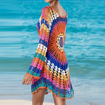 Vasaros Mezgimo Paplūdimio Suknelė Vaivorykštė Spausdinti Bikini Padengti Iki Tunika 2020 Tuščiaviduriai Iš Moterų Maudymosi Kostiumėliai Paplūdimio Saulės Paplūdimio Pareo