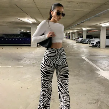 WannaThis Zebras Spausdinti Pločio Kojų Kelnės Kelnės Sexy Aukšto Juosmens Rudenį Moterys Naujas 