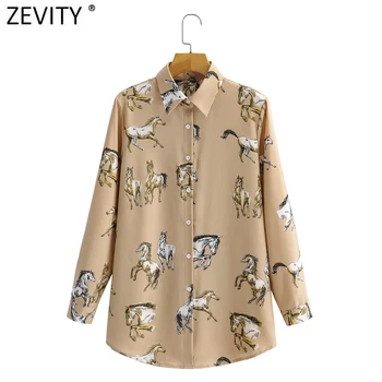 Zevity 2021 Moterų Senovinių Gyvūnų Arklių Spausdinti Krūtinėmis Marškinėliai Office Ponios ilgomis Rankovėmis Verslo Palaidinė Elegantiškos Moters Viršūnes LS9172