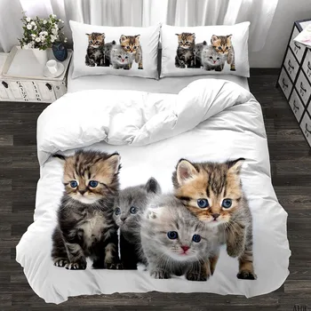 3D Gyvūnų Patalynės Komplektas Cute Kačių Užsakymą Patalynės Komplektas Kačiukas Antklodė Padengti Pllowcase 3pcs Twin Dizaineris Patalynė Balta Antklode Padengti Rinkinys