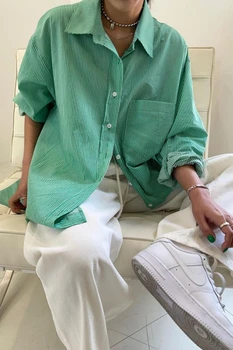 Dizaineris žalia stripy marškinėliai moterims lnfluencer negabaritinių medvilnės Mygtuką ilgomis rankovėmis dryžuotas prarasti palaidinė 2021 nauji aukštos kokybės