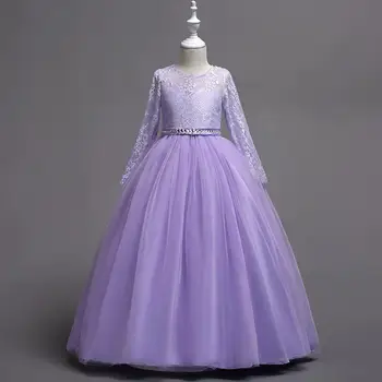 Geros Kokybės Tiulio, Nėrinių Elegantiškas Ilgas Mergaitė Princesė Suknelė ilgomis rankovėmis Kamuolys Suknelė Mergaitėms suknelė Vestuvių Inscenizacija Gimtadienio