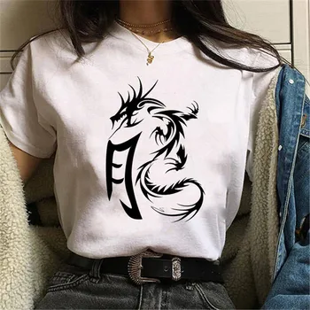 Maycaur Mados Kinų Simbolių Dragon Spausdinti Marškinėliai Moterims Atsitiktinis Plius Dydžio Marškinėlius Femme Streetwear Vasaros Viršūnes Tee Marškinėliai
