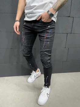 Nauja Stiliaus vyriški Asmenybės Ripped Jeans Vyriška korėjos Stilių Madingų Dažų Dot Splash Rašalo Dizainas, Plonas Spausdinti Džinsinio audinio Kelnės