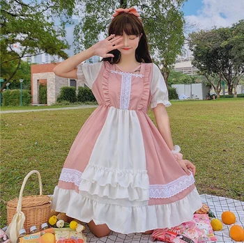 Japonijos Saldus Kawaii Jsk Lolita Dress Moterų Derliaus Viktorijos Gotika Aikštėje Apykaklę, Trumpas Rankovės Nėrinių Princess Arbatėlė Suknelės