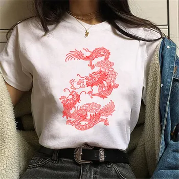 Maycaur Mados Kinų Simbolių Dragon Spausdinti Marškinėliai Moterims Atsitiktinis Plius Dydžio Marškinėlius Femme Streetwear Vasaros Viršūnes Tee Marškinėliai
