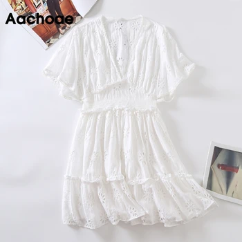Aachoae Moterims, Elegantiška Linija, Balta Medvilnės Audinio Mini Suknelė, Prašmatnus Siuvinėjimo Tuščiaviduriai Iš Moteriška Suknelė 