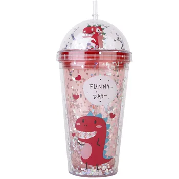 Bailiyou mados animacinių filmų dinozaurų dvigubo plastiko puodelis nešiojamas studentų šiaudų geriamojo vasaros taurės moterų net raudona taurė