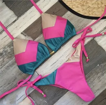 Gėlių derliaus Brazilijos Bikini Sexy Thong Apynasrio Plaukti Maudymosi Kostiumą, 2 vnt Moterų maudymosi kostiumėlį, Mini Bikini String Push Up maudymosi Kostiumėliai