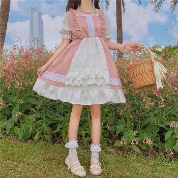 Japonijos Saldus Kawaii Jsk Lolita Dress Moterų Derliaus Viktorijos Gotika Aikštėje Apykaklę, Trumpas Rankovės Nėrinių Princess Arbatėlė Suknelės