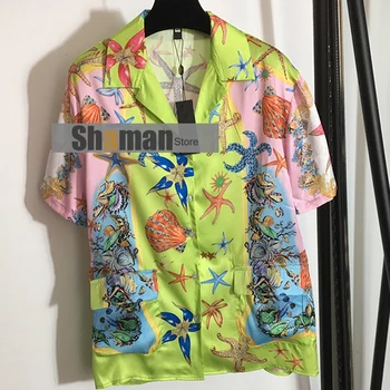 Prabangos Dizaineris 2021 Aukštos klasės Šalies Palaidinė Moterims Derliaus trumpas Rankovės goth Žvaigždė Shell Spausdinimo Atvartas Marškinėliai mygtuką iki marškinėliai