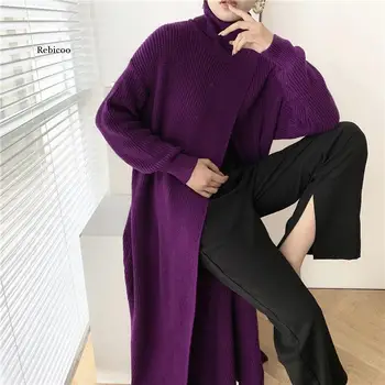 Rudenį Padalinta Megzti moteriški Ilgi Megztiniai ilgomis Rankovėmis Golfo Moterų Megztinis Naujas Kietas Streetwear Atsitiktinis Palaidų Lady Drabužiai