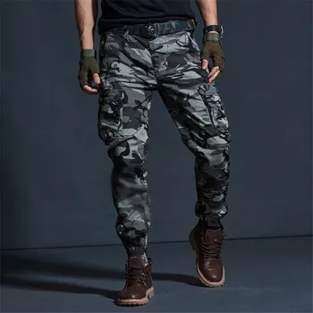 Vyrai Kamufliažas Krovinių Kelnės Kietas Medvilnės Armijos Gerbėjų Pėsčiųjų Kelnės Multi-Kišenės, Elastiniai Kojų Hip-Hop Streetwear Karinės Kelnės