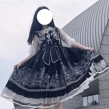 Japonijos Saldus Lolita Minkštas Mergina Camisole Suknelė Kawaii Diablo Gotikos Spausdinimo Raukiniai Rankovių Mielas Lankas Nėrinių Tinkleliu JSK Dresse