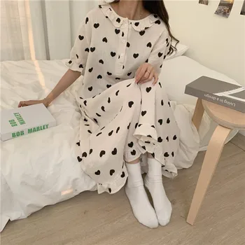 Juoda Širdies Vasaros Pižamą Kawaii Raukiniai Trumpas Rankovės Prarasti Medvilnės Homewear Sleepwear Saldus Korėjos Namų Drabužių 2021