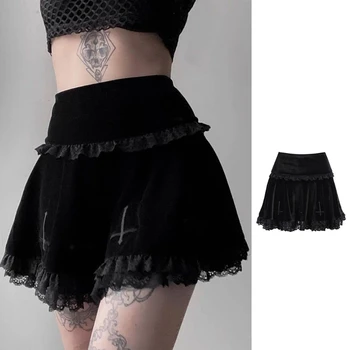 Moterų Tamsiai Gotikos Aksominis Juodas Klostuotas Mini Sijonas Punk Kryžiaus Siuvinėjimo Nėrinių Apdaila Kratinys Aukšto Juosmens Užsiliepsnojo Streetwear