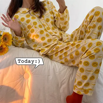CAIYIER 2021 Žiemos Moterų Pižama Kostiumas Korėja Mielas Turas Smiley Veido Sleepwear Geltona Atlapas Apykakle ilgomis Rankovėmis Spausdinti naktiniai drabužiai