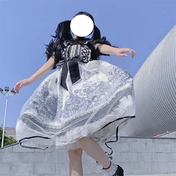 Japonijos Saldus Lolita Minkštas Mergina Camisole Suknelė Kawaii Diablo Gotikos Spausdinimo Raukiniai Rankovių Mielas Lankas Nėrinių Tinkleliu JSK Dresse