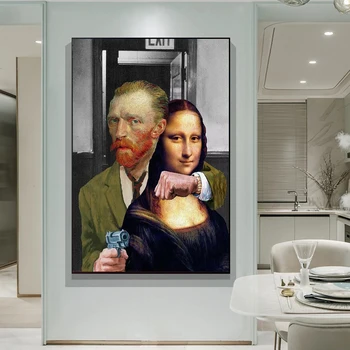 Juokinga Meno Van Gogas ir Mona Lisa Drobės Paveikslai Abstraktūs Garsaus Plakatai ir Spausdina Sienos Meno Nuotrauką Kambarį Namų Dekoro