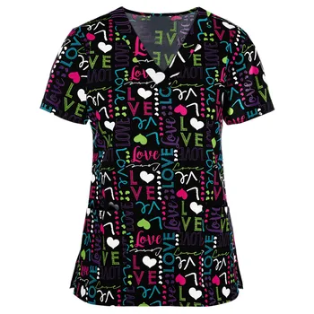 Moteris Valentino T-shirt Spausdinimas trumpomis Rankovėmis V-Kaklo Viršūnes Slaugos Darbo Vienodos Mados Palaidinė 2021 M. Vasarą La Saint-Valentin