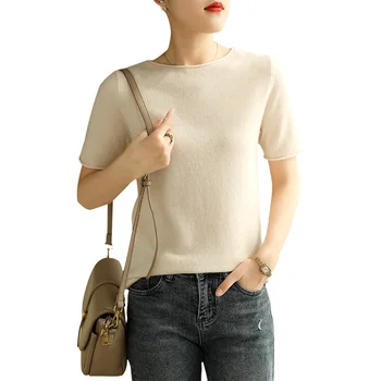 Naujų moteriškų kašmyro T-shirt vasaros atsitiktinis Megztinis Megztinis Megztinis trumpomis rankovėmis T-shirt