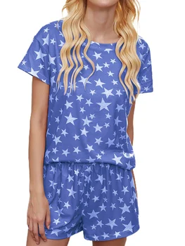 Paprasta Sleepwear Pižamos Moterų Medvilnės Pižama trumpomis Rankovėmis Ponios Pijama Rinkiniai Homewear Star Spausdinti Ištaigingas Dėvėti T-shit